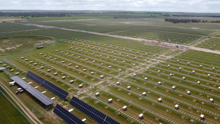 Aerial view of large scale solar farm logistics